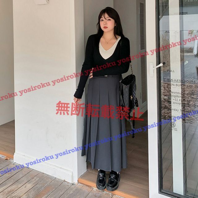 ベルト付きスリム効果プリーツロングスカート (T)