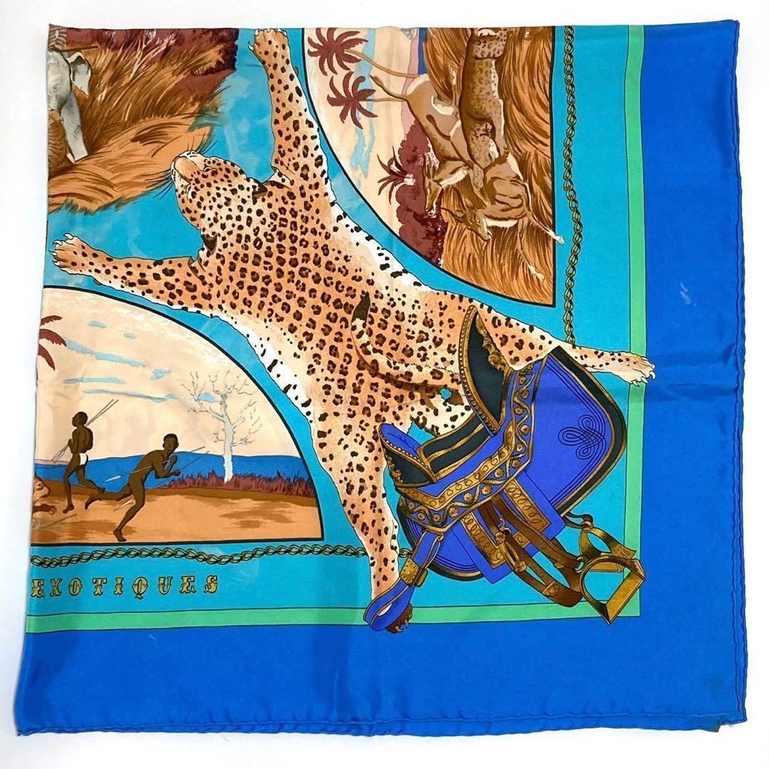 エルメス カレ 90 大判 スカーフ エキゾチック狩猟 ブルー 青 水色 シルク