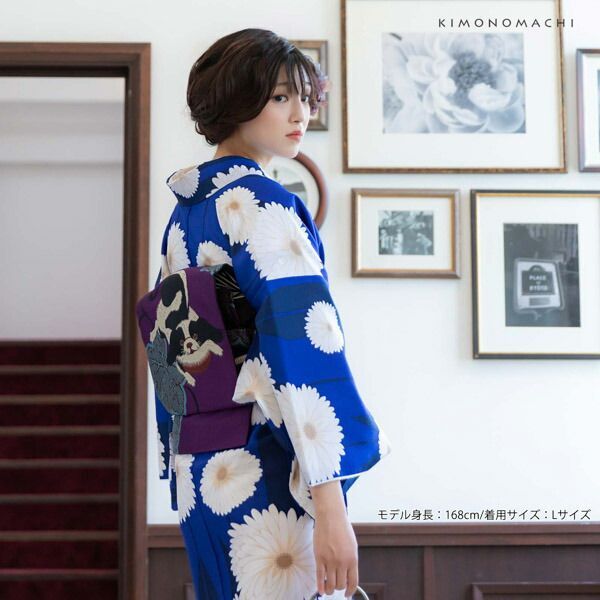 洗える着物 セット「袷着物：矢羽根に菊瑠璃色＋京袋帯：狆