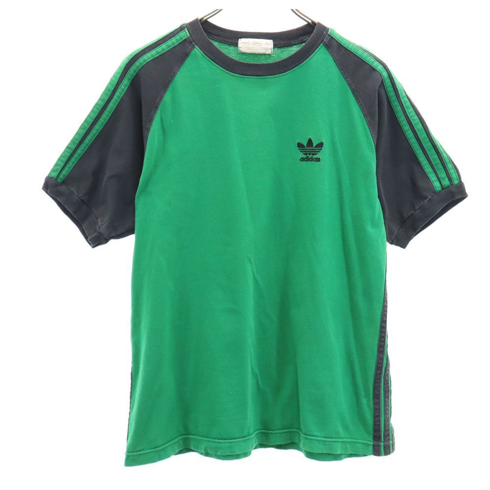 アディダス 80s デサント製 ヴィンテージ トレフォイルロゴ 半袖 Tシャツ M-L グリーン系 adidas メンズ 古着 【240331】