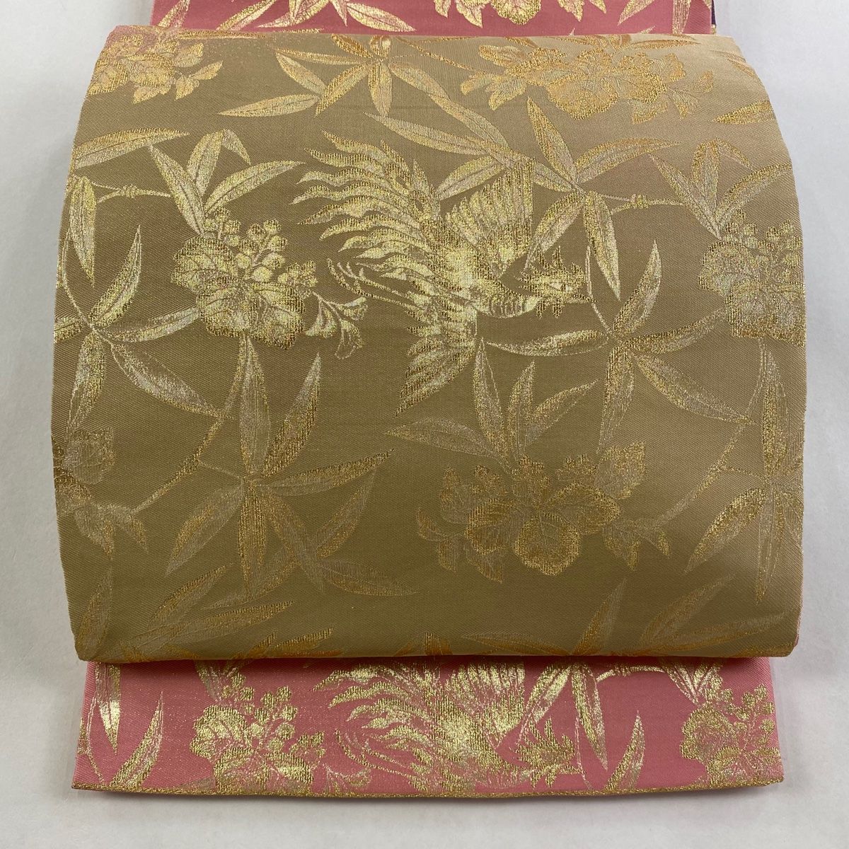 袋帯 秀品 関西仕立て 草花 鳥 金糸 ピンク 全通 正絹