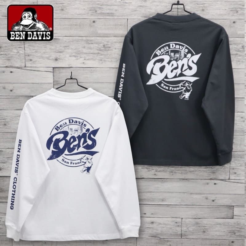 新品 メンズ ベンデイビス BEN DAVIS BENDAVIS 長袖 Tシャツ 長袖Tシャツ ティーシャツ ロンT サークルロゴ バックプリント 袖プリント ユニセックス レディース 白 ホワイト チャコール グレー