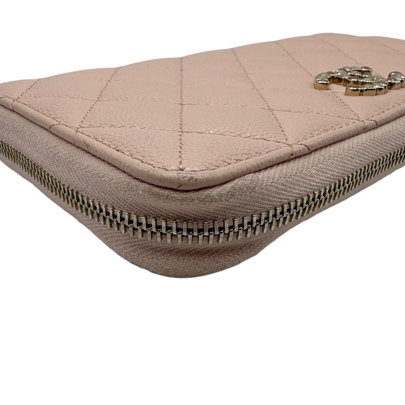 CHANEL シャネル キャビアスキン ラウンドファスナー長財布 ピンク レザー