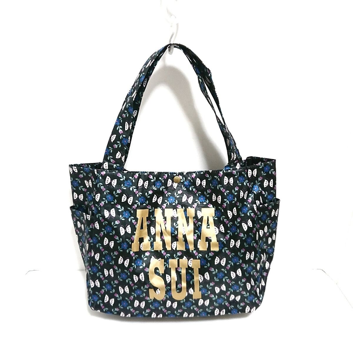 ANNA SUI(アナスイ) トートバッグ - 黒×ブルー×マルチ 花柄 ナイロン