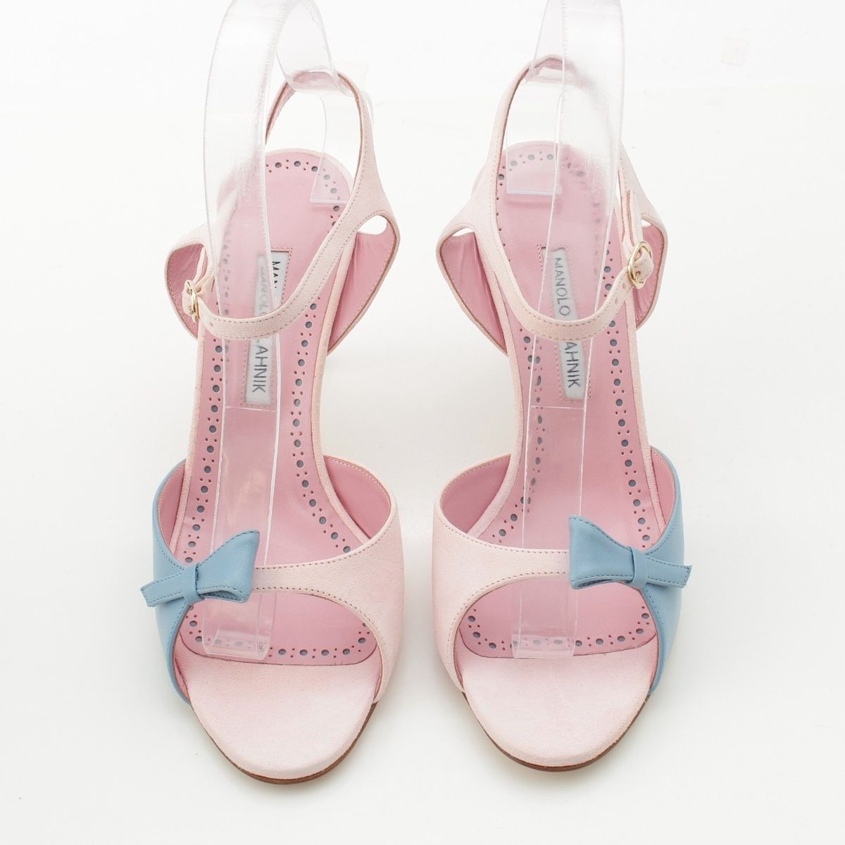 マノロブラニク リボン オープントゥ ヒール サンダル ピンク ブルー 38