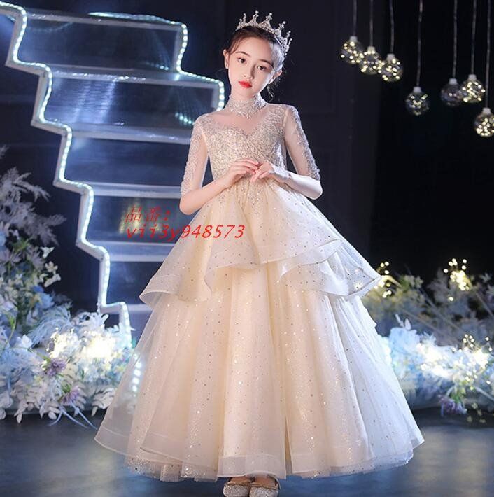 ピアノ発表会ドレス 入学式 結婚式 七五三ドレス 子供ドレス シャンパン色 スパン誕生日ドレス ステージド プリンセスド vii3y948573