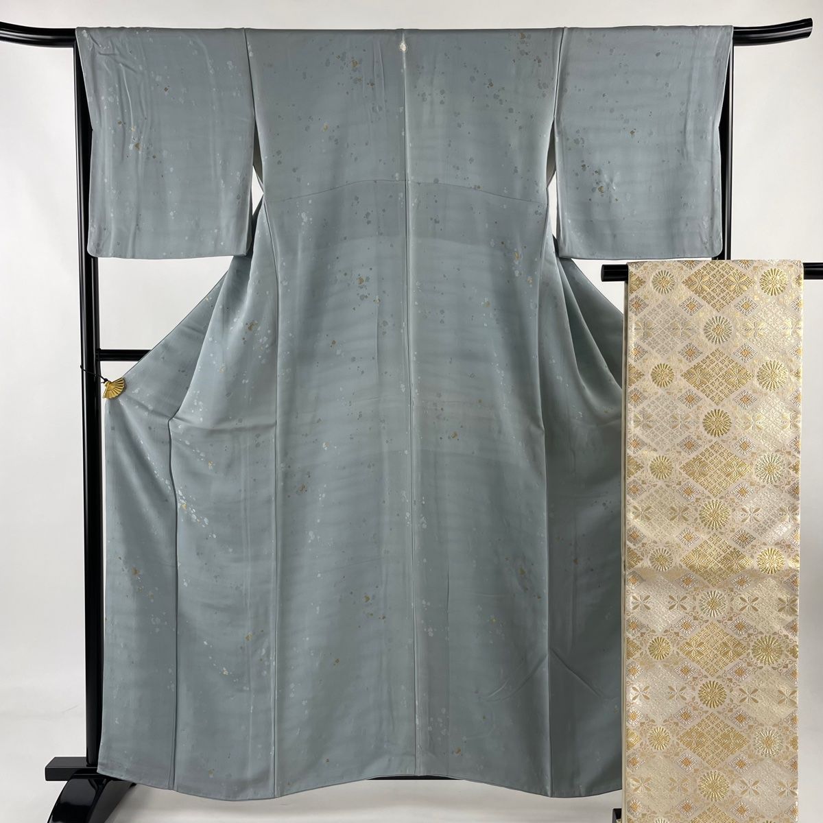 小紋 身丈160.5cm 裄丈66.5cm M 袷 袋帯セット 箔散らし 地紋 金銀糸 青灰色 正絹 秀品