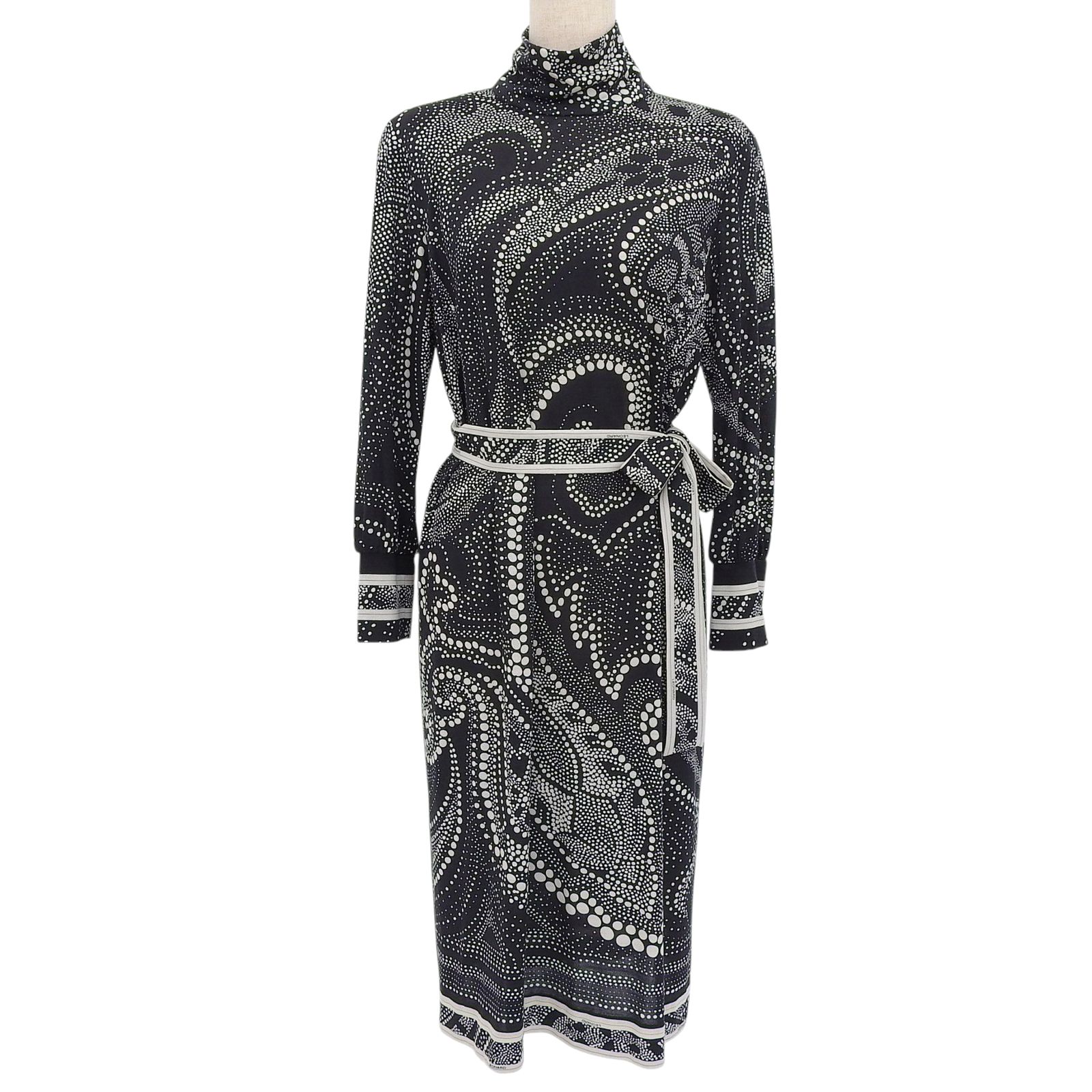 ▲LEONARD FASHION レオナール ファッション ウール シルク混 ペイズリー 総柄 ベルト付き ワンピース ブラック LL 日本製 正規品 レディース