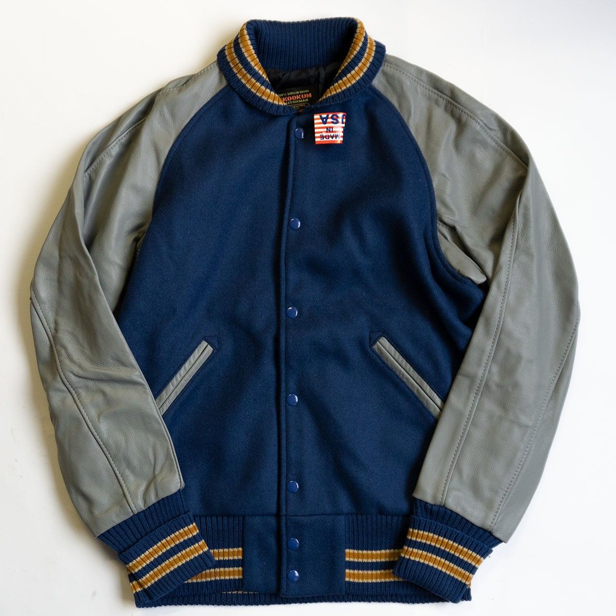 ♥品 SKOOKUM メルトン×レザー スタジャン 38 スクーカム ブルー×グレー ジャケット 25100538