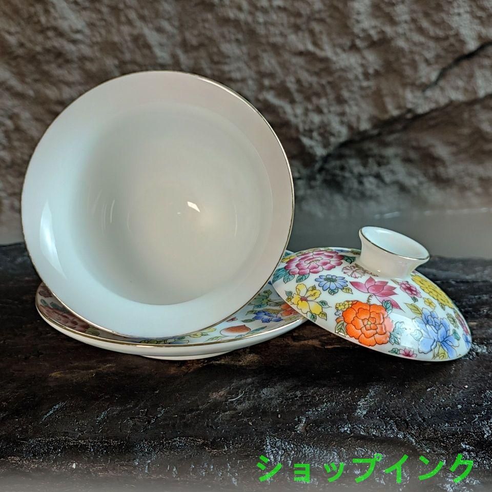 未使用品 万花琺瑯彩蓋碗 中国茶器 景徳鎮 蓋付き茶器 飲茶食器