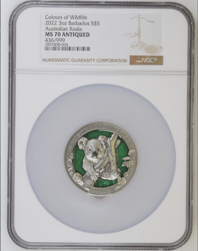 2025 Barbad S$5 Silver 3oz Wildlife - Atralian Koala NGC MS70 Antiqued