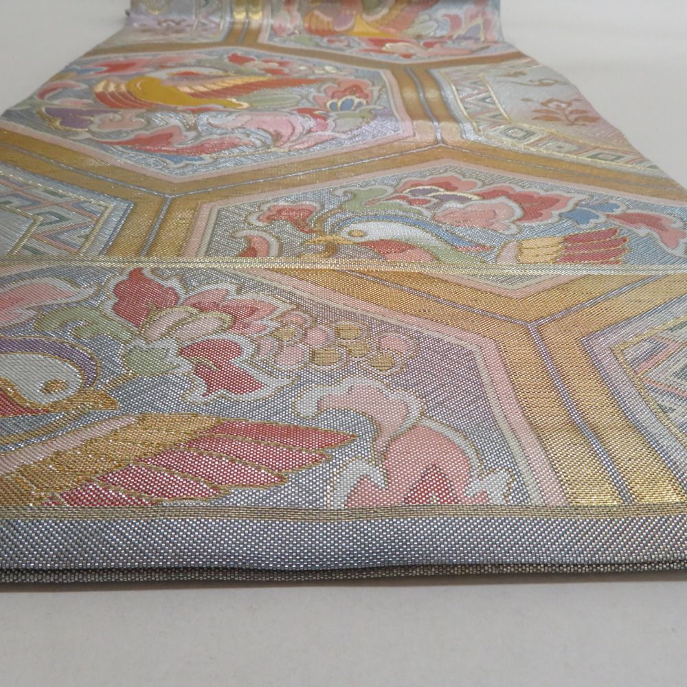 袋帯 佐賀錦 野々村織物 亀甲に鳥文 金糸銀糸 多色 正絹 仕立て上がり