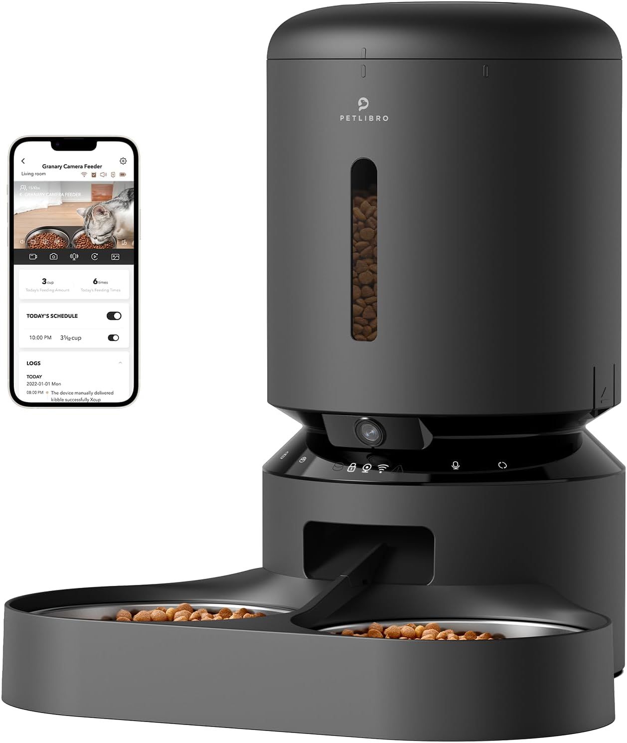 PETLIBRO 自動給餌器 えさやり器 自動餌やり器 カメラ付 1080P 暗視機能 2.4G 5G WiFi対応 フード残量不足検知 詰まり防止センサー 動体検知 音声検知 スマホ遠隔 大容量 見守り ペット用 猫用 中小犬用 二匹向け 5L ブラック