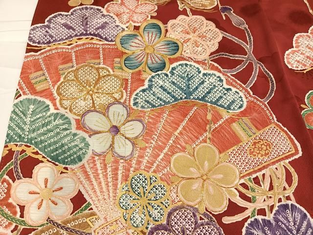 平和屋着物○守太郎コレクション 振袖 駒刺繍 檜扇梅松文 金彩 三越