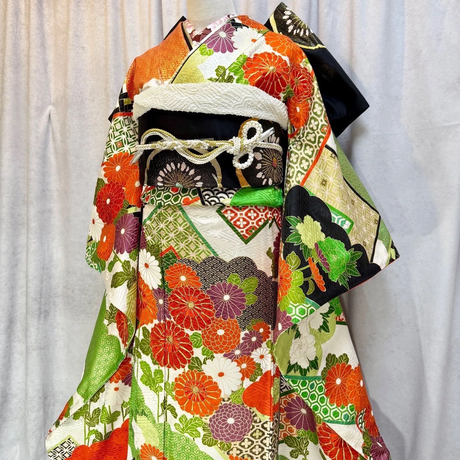 上 振袖フルセット トールサイズ 163〜173cm TLサイズ アンティーク調 大正ロマン風 モノトーンコーデ 白地 グリーン 可愛い 個性的 振り袖 成人式 卒業式 結婚式