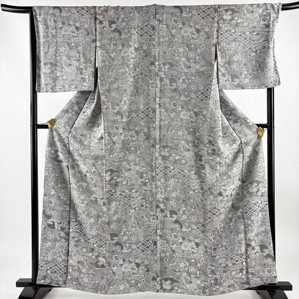 小紋 身丈162cm 裄丈68cm L 袷 紋意匠 草花 亀甲 灰色 正絹 名品