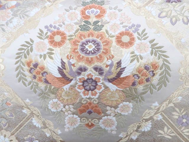 着物　袋帯　花喰い鳥市松霞文　金糸 着物袋帯花喰い鳥市松霞文金糸