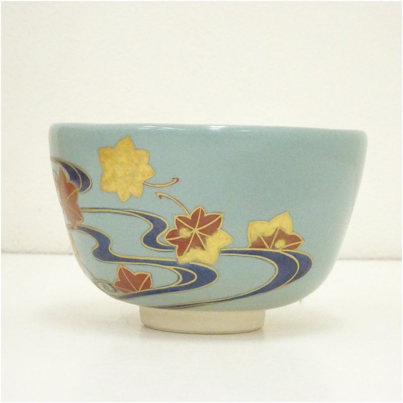 5☆大好評！ 京焼 中村能久造 青磁釉竜田川茶碗 共箱 茶道 抹茶 おしゃれ 抹茶茶碗 抹茶碗 和食器 レトロ 茶器 骨董 茶わん 茶会 茶の湯