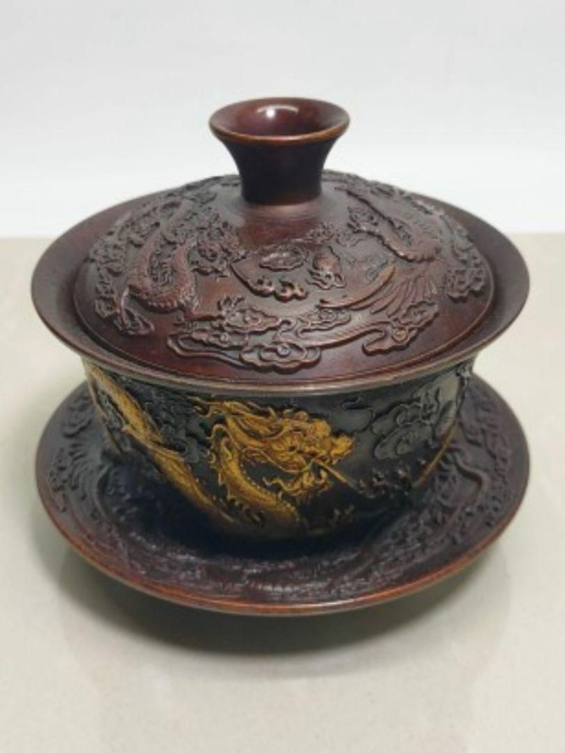 銅器 中国茶器 龍鳳呈祥銅鎏金三才蓋碗 茶碗 カップ 工芸品 置物 銅器 中国茶器 龍鳳呈祥銅?金三才蓋碗 茶碗 カップ 工芸品 置物