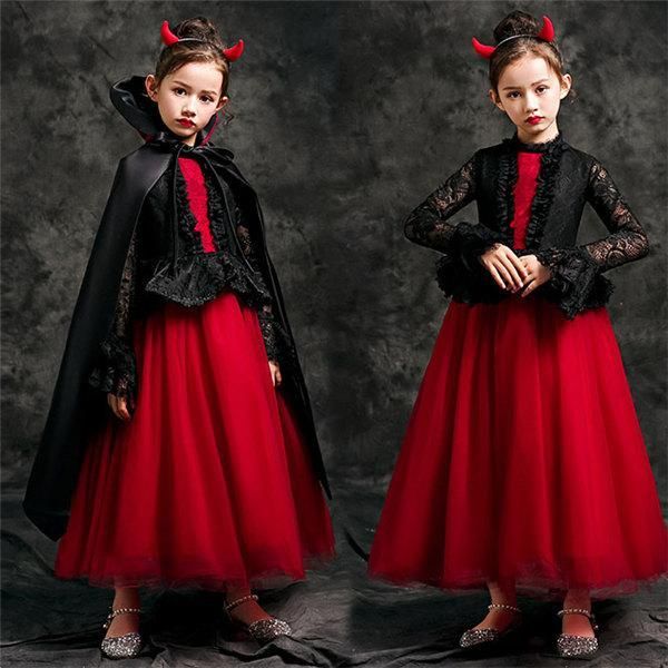キッズ ハロウィン コスプレ ドレス ワンピース ロング丈 長袖 ゴシック 魔女 子供 バンパイア 悪魔 デビル おうちハローウィン 衣装