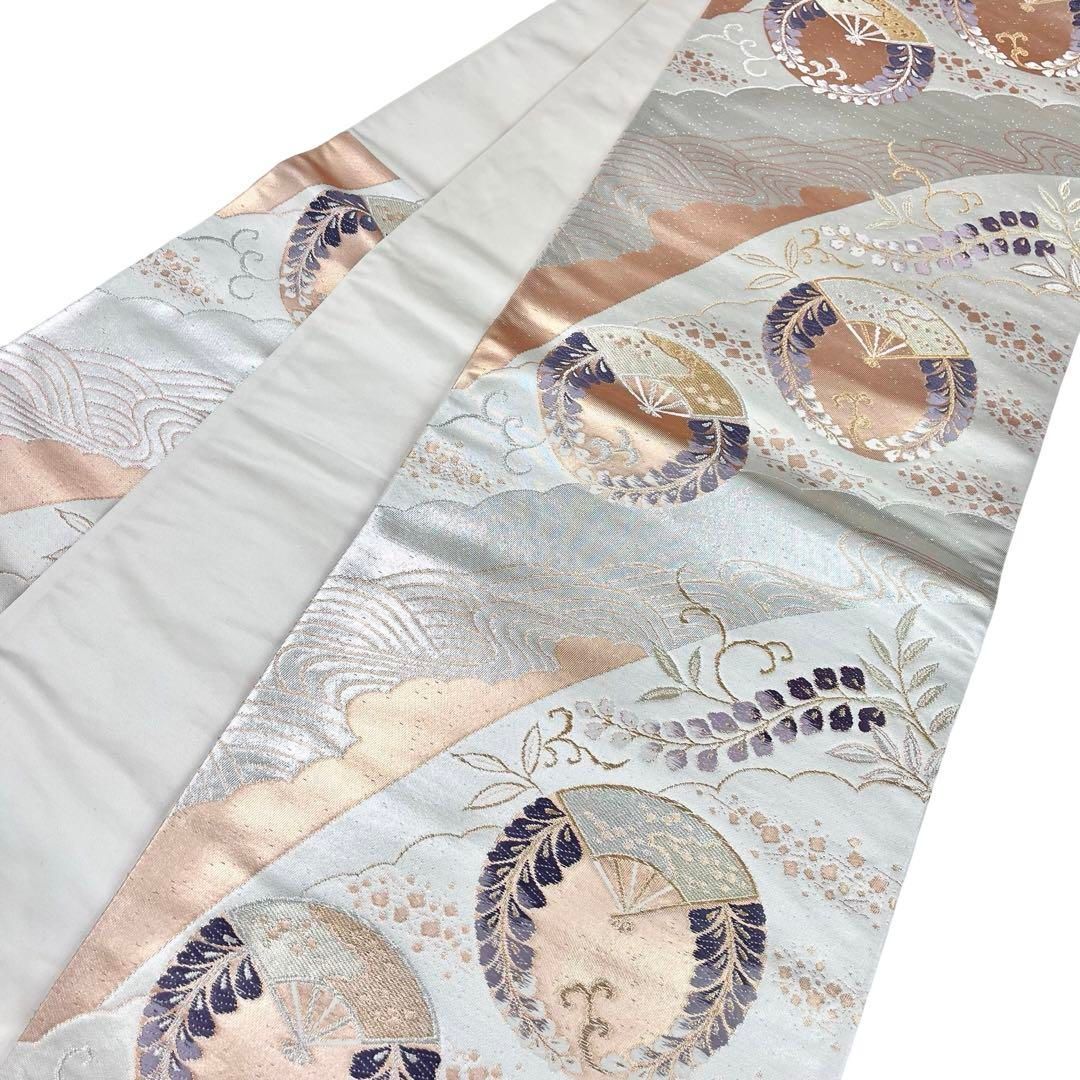 袋帯 扇子に藤の花模様 唐草 流水 白色 金銀糸 O-3858 - メルカリ 