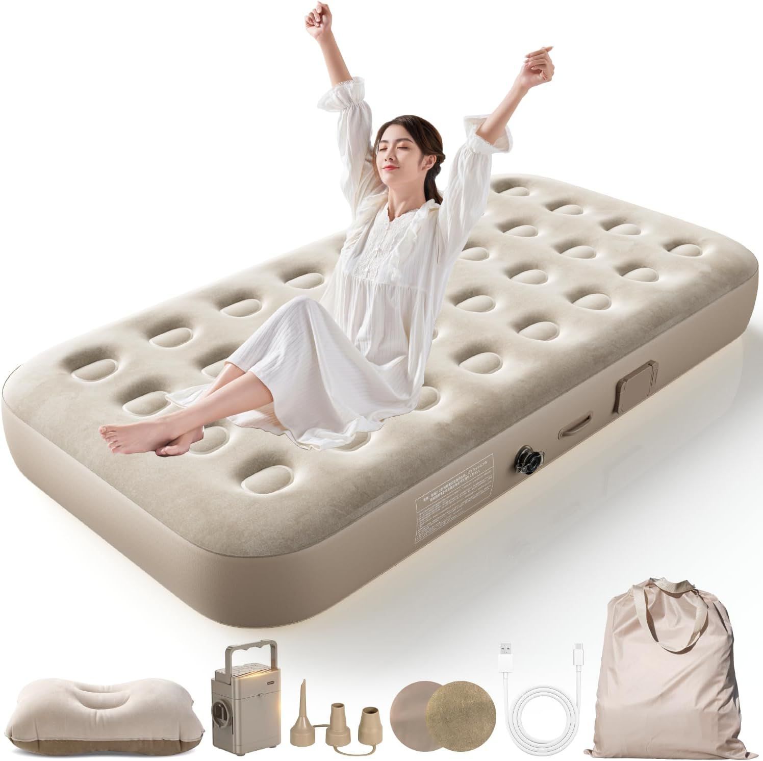エアーベッド 花見 キャンプ マット キャンプ用品 エアーマット 電動ポンプ内蔵 シングル 190×100×25cm 折り畳み式 取り外し エアーマットレス 簡易ベッド 防水性 通気性 快適性 枕付き 収納袋付き 来客用|防災用|車中泊|引越し|家庭用