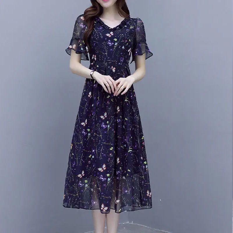 リボン シフォン ワンピース 花柄 半袖 体系カバー ミディアム丈 9a70321d3f5b0474db654aadebf198