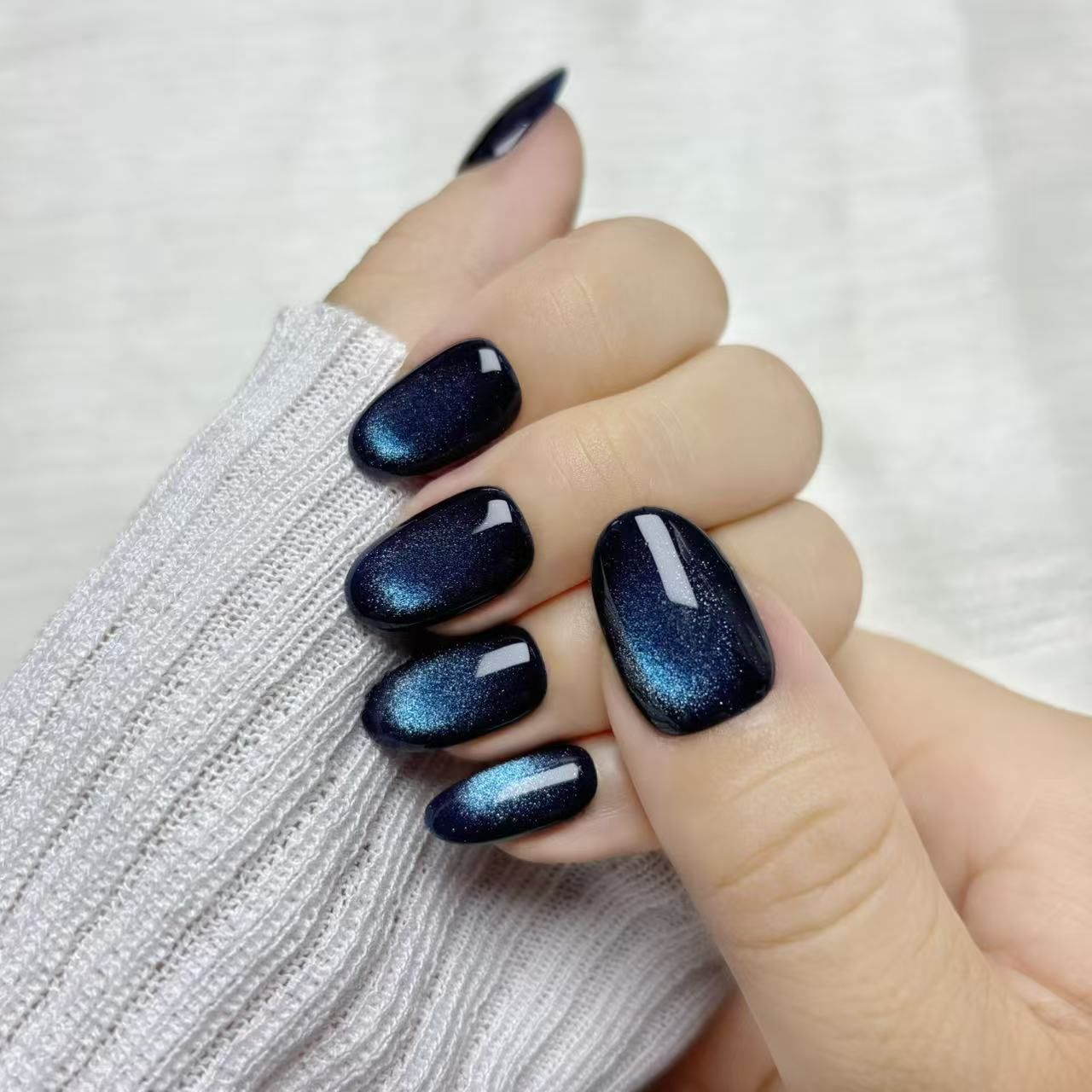 [Spring Fair] OHMI GALLERY Magnetic Nail Tips, Short Oval, One Color, 100% Handmade, Luxurious, Unisex, NTSOMSC, Blue Mine