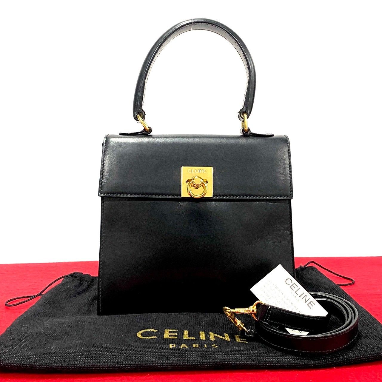 極 美品 袋付き CELINE セリーヌ ヴィンテージ ロゴ リング金具 カーフ レザー 本革 2way ハンドバッグ ショルダーバッグ ブラック  57288 - メルカリ