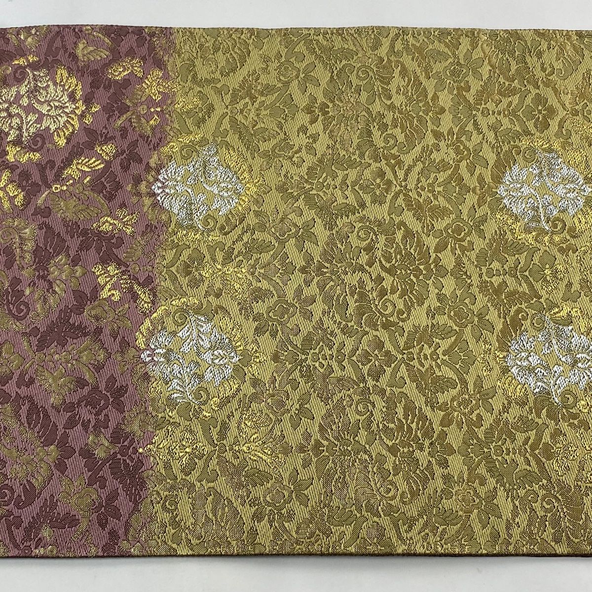袋帯 美品 秀品 花鳥 段縞 金銀糸 箔 茶紫 六通 正絹 【中古