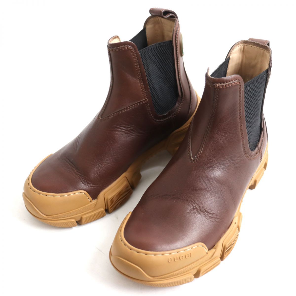 極美◇GUCCI グッチ サイドゴアレザーブーツ メンズ 9.5 茶系