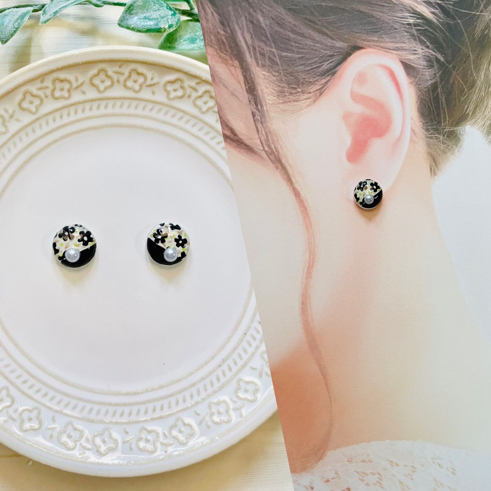 再入荷】小花柄 イヤリング ピアス パール 小さめ レジン ハンドメイド 