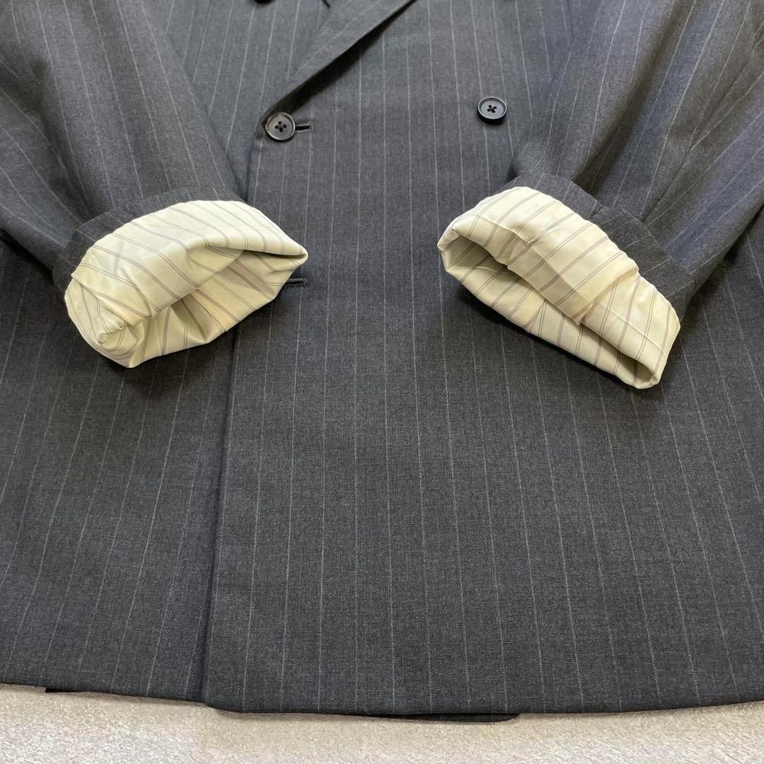 ヴィンテージ　ダブル　ストライプ　スーツ　セットアップ　グレー　M 90s ヴィンテージ セットアップ ダブルスーツ グレー ストライプ 極上