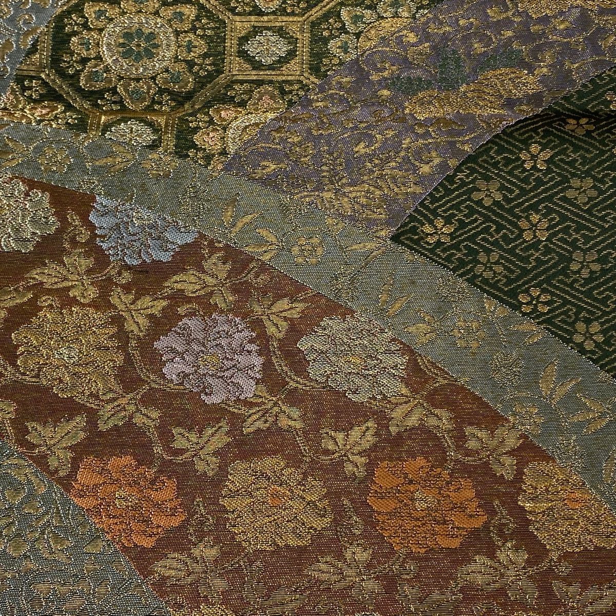 袋帯 美品 秀品 蜀江華文 花唐草 金糸 箔 茶緑色 六通 正絹