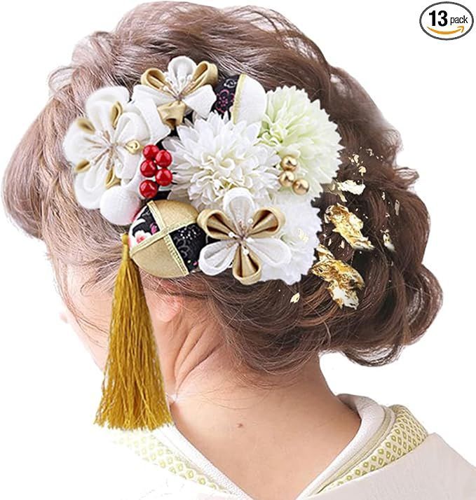 髪飾り 成人式 和装ヘアアクセサリー 手作り 13点セット 金色 花 コサージュ 房飾り Uピン式 つまみ細工 振袖向け 卒業式 結婚式 着物 白無垢 色打掛 花嫁 七五三 金箔付き（白）