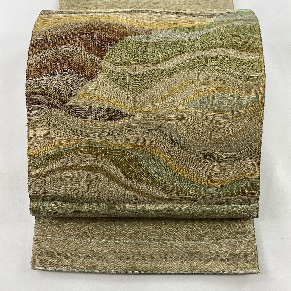 袋帯 秀品 幾何学 金糸 茶緑色 お太鼓柄 正絹