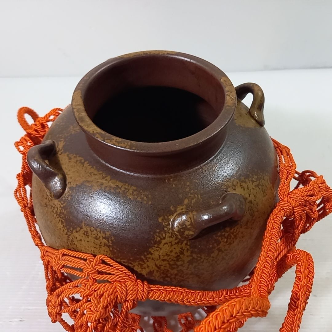 茶道具 茶器 備前焼 飾茶壷 城楽造 仁清写 月に梅 正絹三本組紐