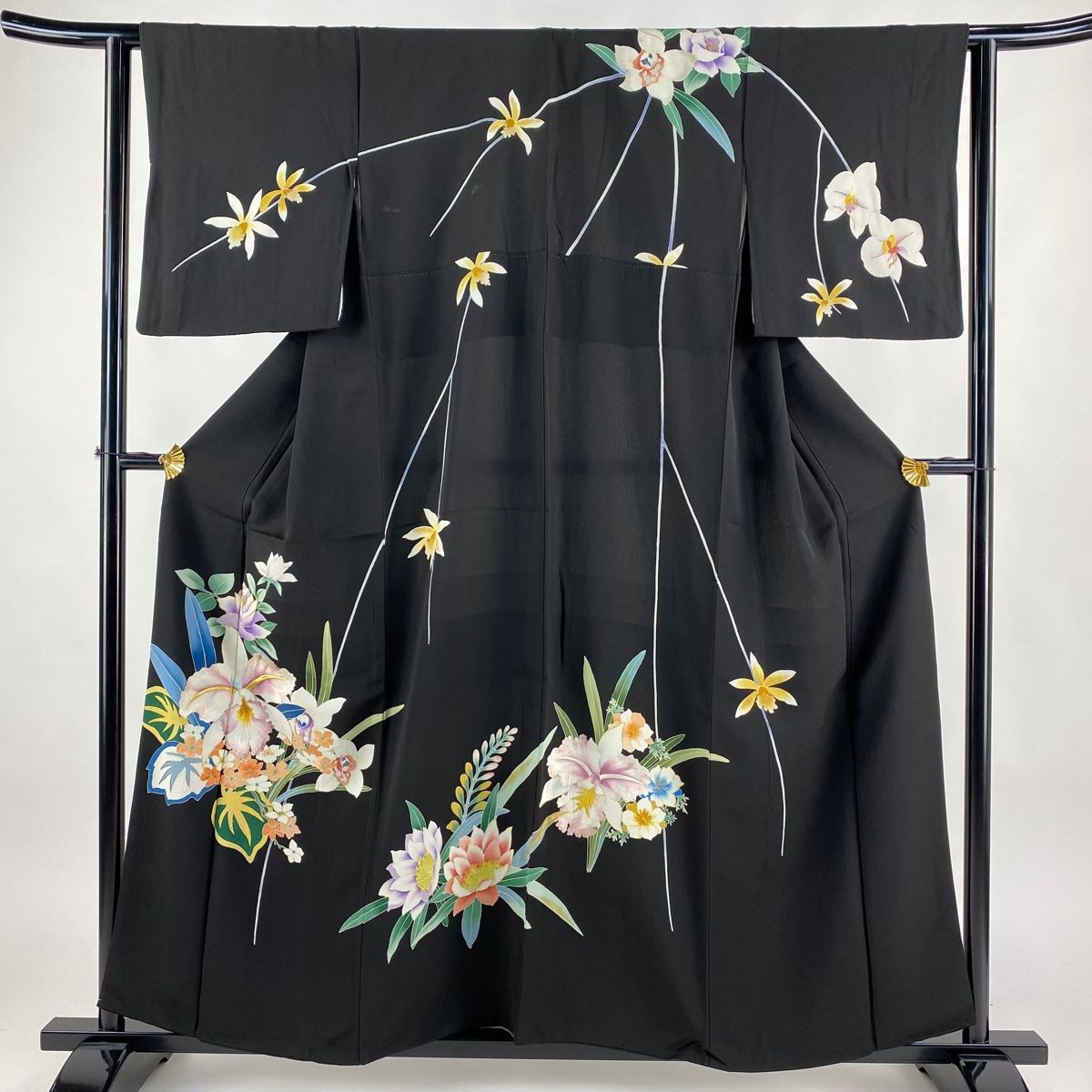 訪問着 身丈156.5cm 裄丈63cm S 袷 大羊居 落款 蘭 草花 刺繍 金銀糸 墨色 正絹