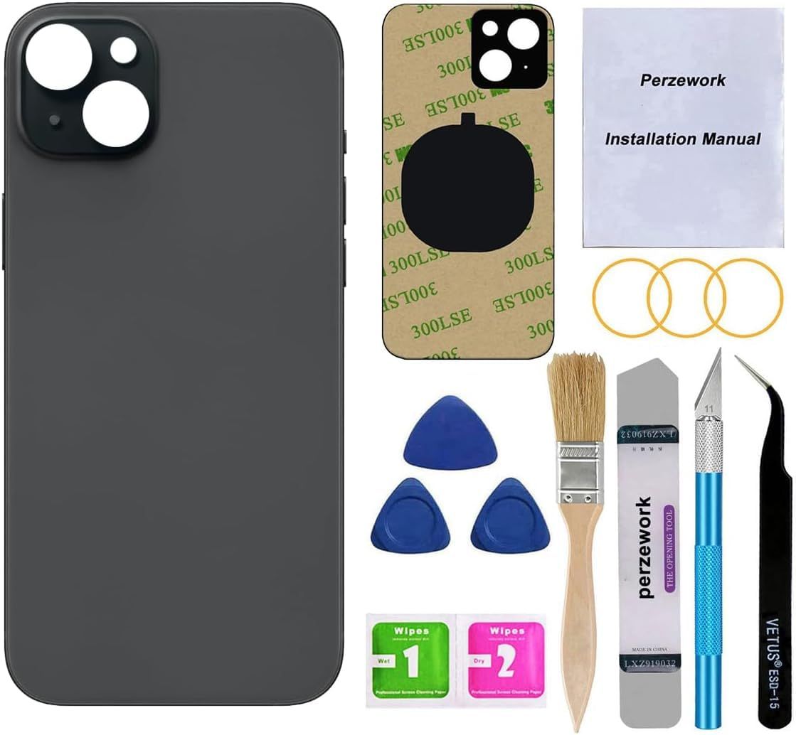 Perzework iPhone 15 6.1インチ用OEMリアバックガラス交換品、修理ツールキットとプリインストールされた接着剤付き（ブラック） 