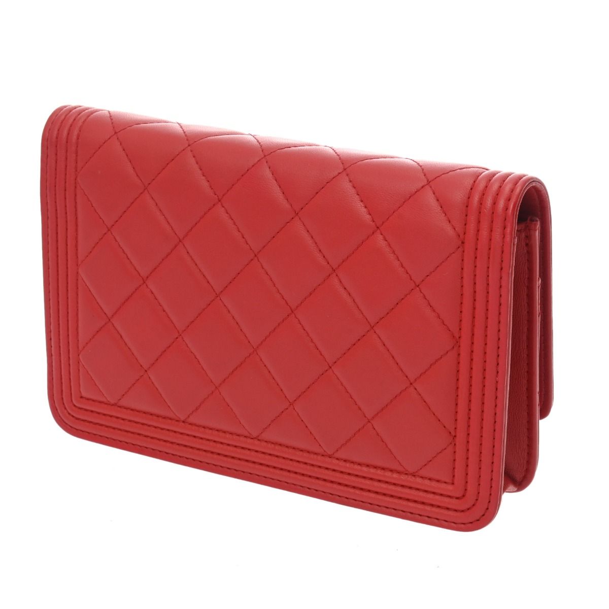 CHANEL シャネル ボーイシャネル チェーンウォレット ガンメタリック ショルダー クラッチバッグ ラムスキン レッド 赤 レディース ココマーク留め具 シャネル ボーイシャネル チェーンウォレット レッド A80287