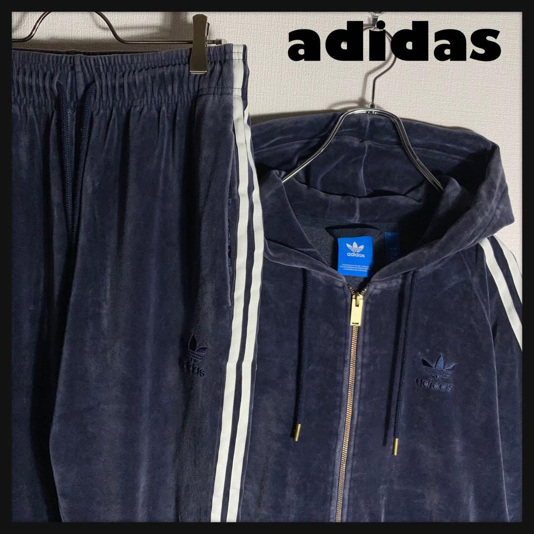 PLAYERZ69★刺繍ロゴ ベロア トラックジャケット 紺 XL B系 adidas ベロア ジャージ トラックジャケット セットアップ 刺繍