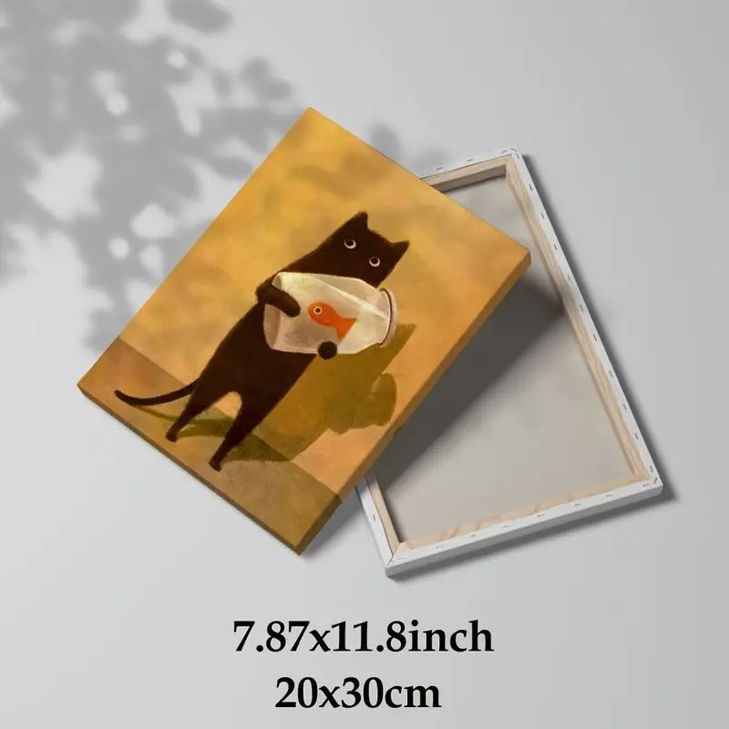 木製フレーム付き ネコと金魚のアートパネル】木製フレーム