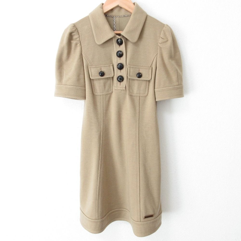 BURBERRY BLUE LABEL バーバリーブルーレーベル ストレッチ ギャザースリーブ 半袖 フ ミニワンピース 38 ベージュ レディース 古着