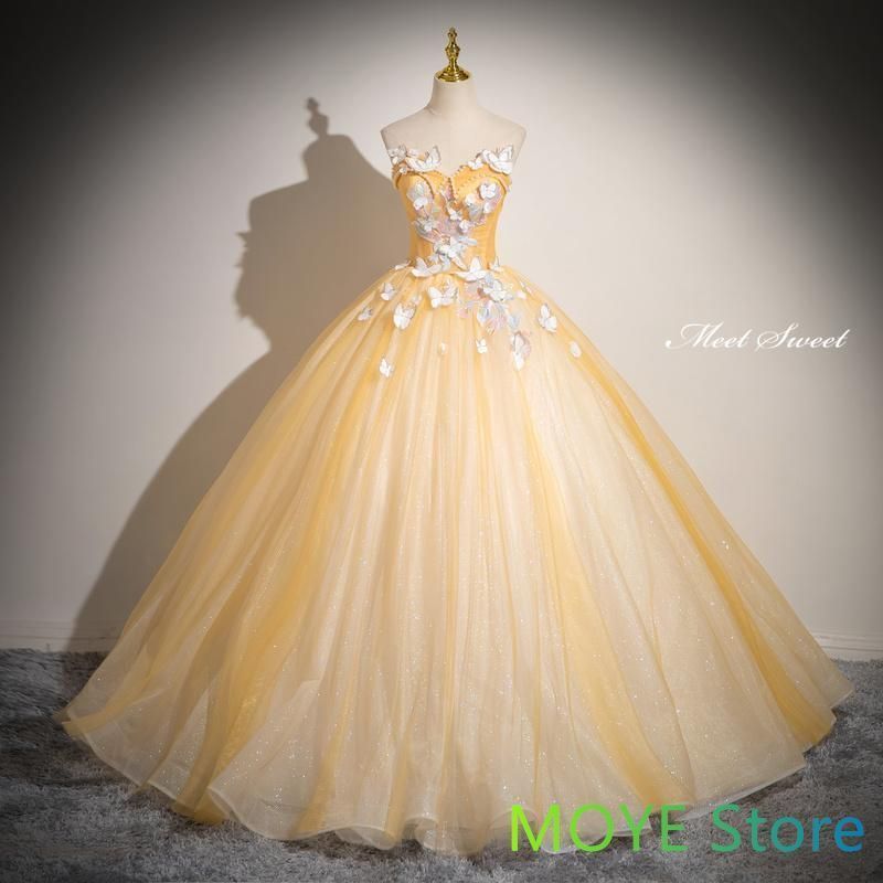 ドレス プリンセスライン イエロー ベアトップ 蝶 袖なし ロングドレス ウェディングドレス 結婚式 二次会 花嫁 前撮り 演奏会 発表会 ステージ衣装