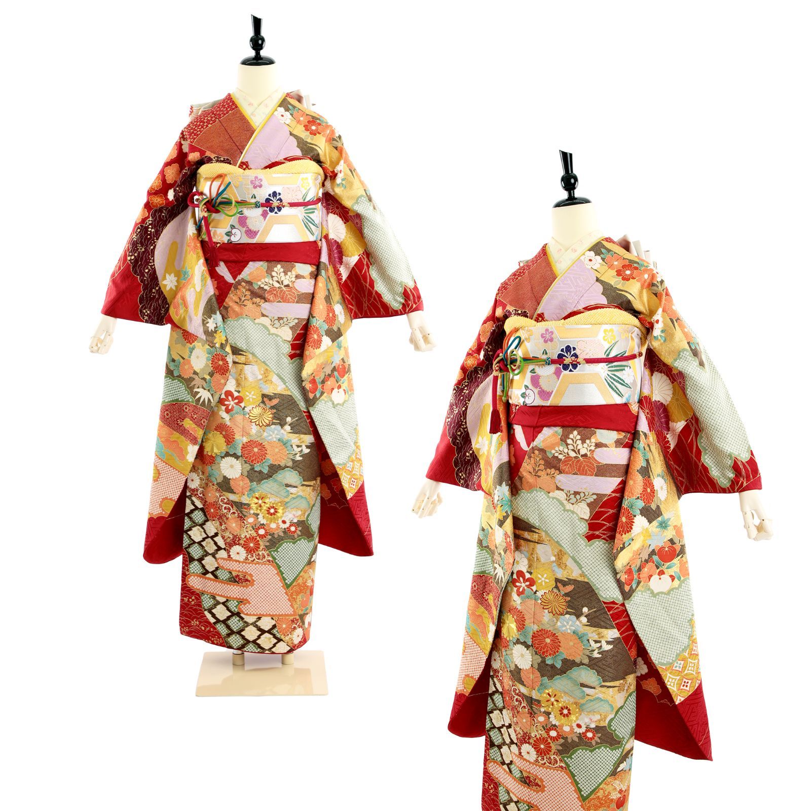 ◇お値下げ◇ 振り袖 セット 振袖 振袖セット USED振袖 赤 古典柄 金駒刺繍 松竹梅 7点フル