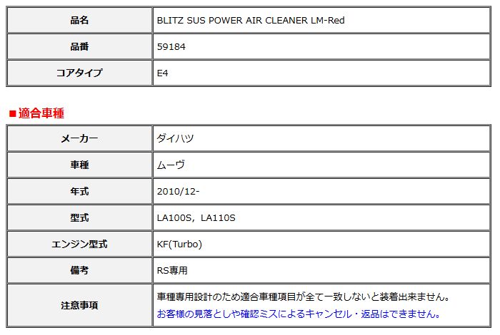 BLITZ ブリッツ コアタイプ サスパワー エアクリーナー LM-Red ムーヴ LA100S LA110S 2010 12- 59184