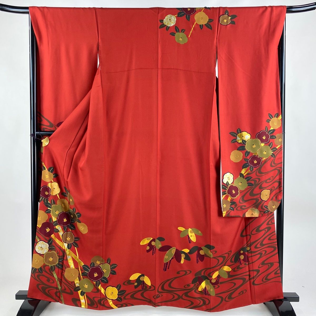 振袖 身丈161.5cm 裄丈66cm M 袷 椿 竹 金銀彩 朱色 正絹 名品 【中古  