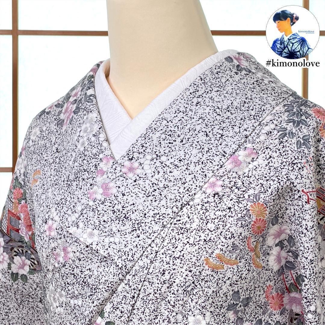 小紋着物 袷 正絹 金彩 御所車 草花 大きいサイズ 着物 kimonolove ♥品 新古品 オゾン消臭サービス A-2042