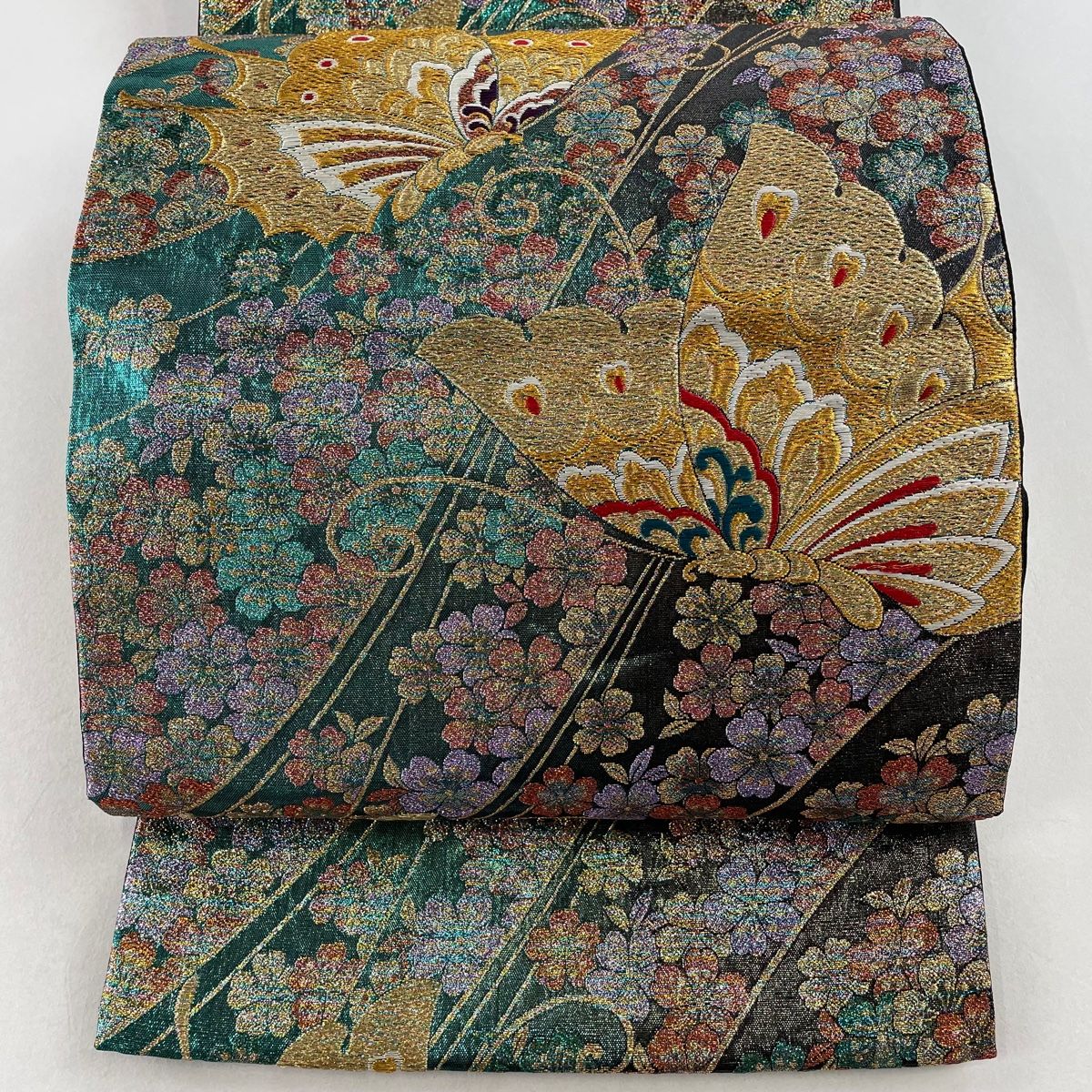 袋帯 名品 蝶 桜 金糸 箔 緑 六通 正絹