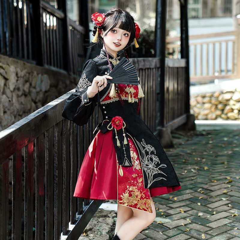 捉妖少女 中華風×Lolitaデザイン 甘辛旗袍スタイル 吊りスカートセット レディース 撮影用 舞台衣装 推し活に最適 大人用カジュアルコーデ